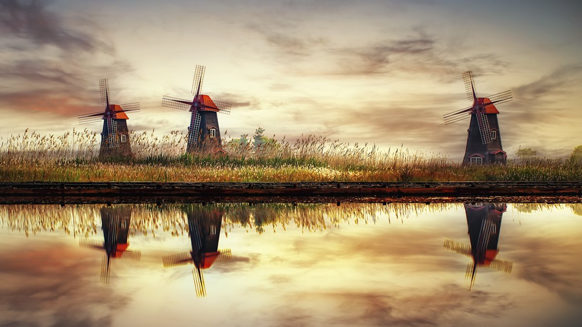 windmill reflection landscape sky water salt_pond autumn Korea, Seo Tiger