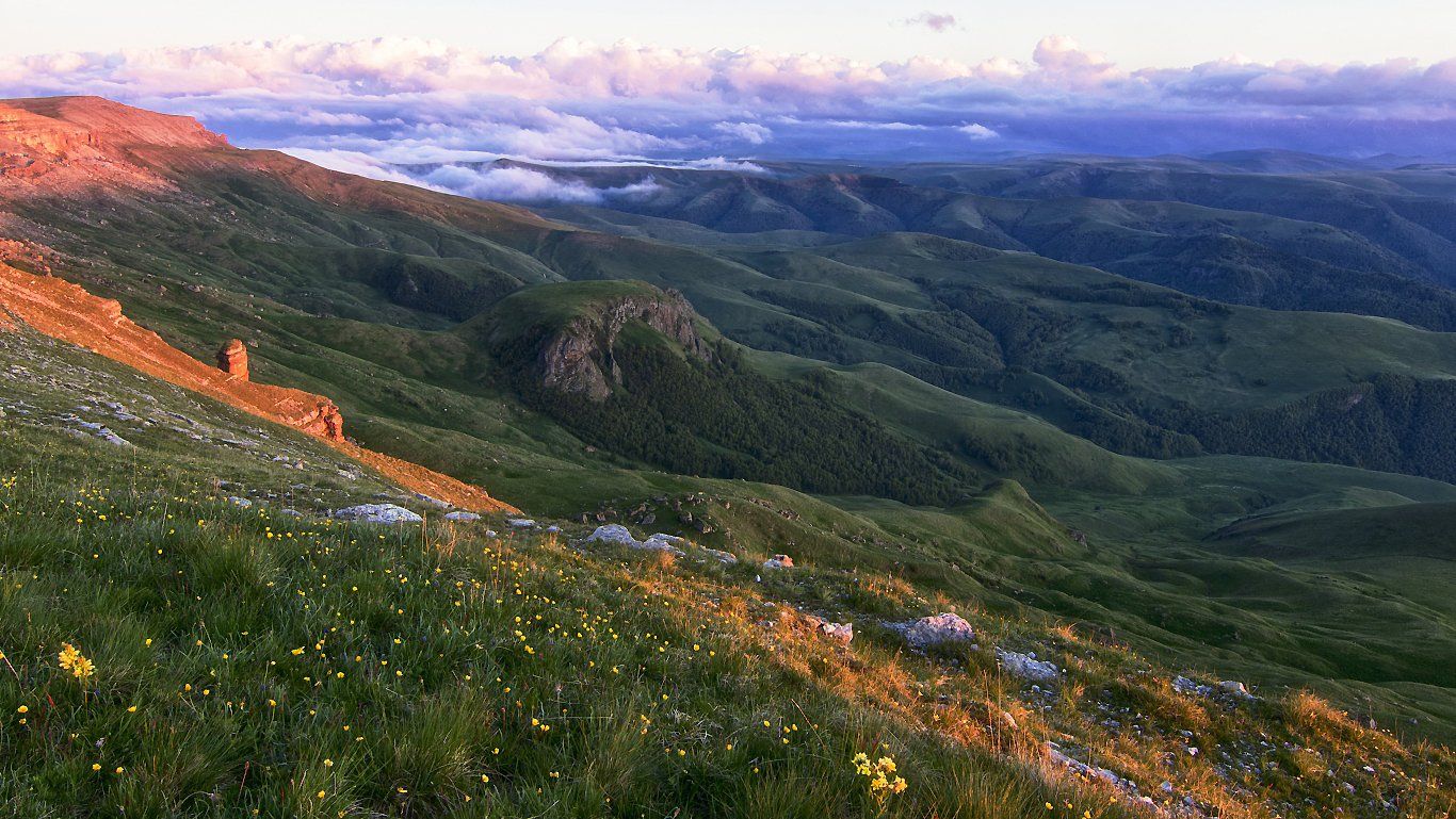 кавказ,горы,плато,цветы,закат., Анатолий Салтыков