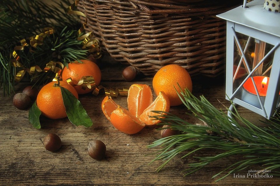 натюрморт, новый год, зима, елка, мандарины, фонарик, Ирина Приходько