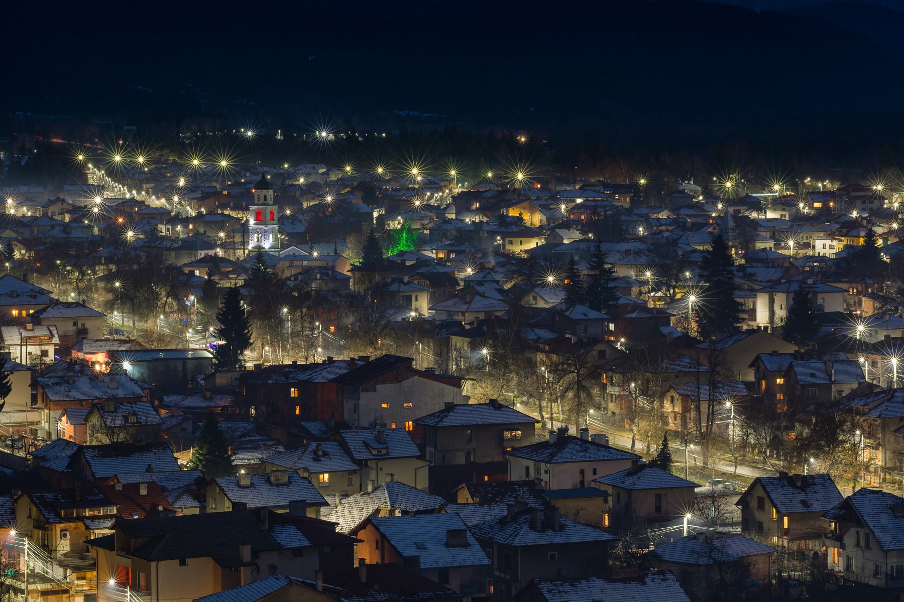 snow, night, light, city, landscape, mountain, Иван Димитров