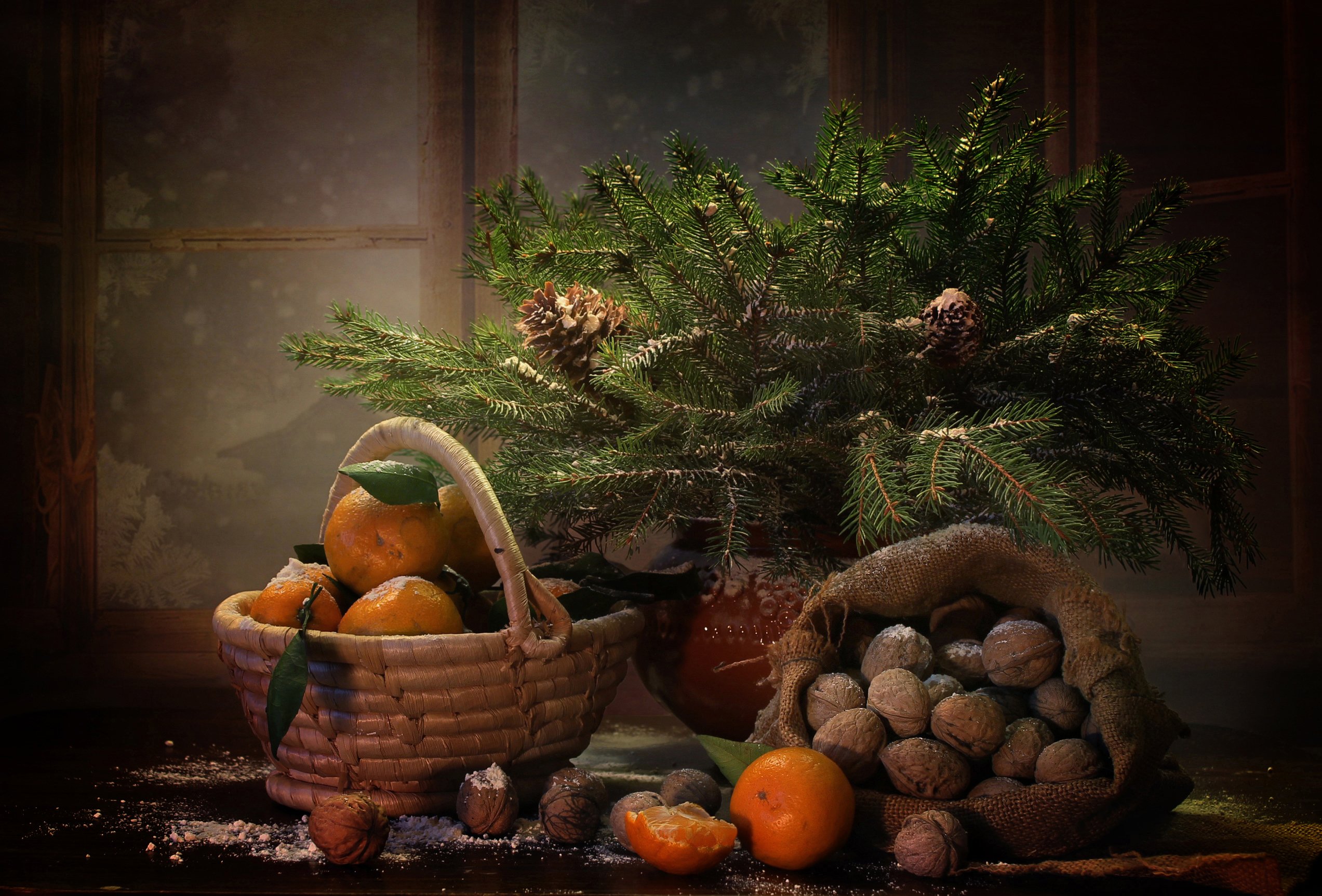 натюрморт, новый год, орехи, мандарины, корзина, зима, Ковалева Светлана