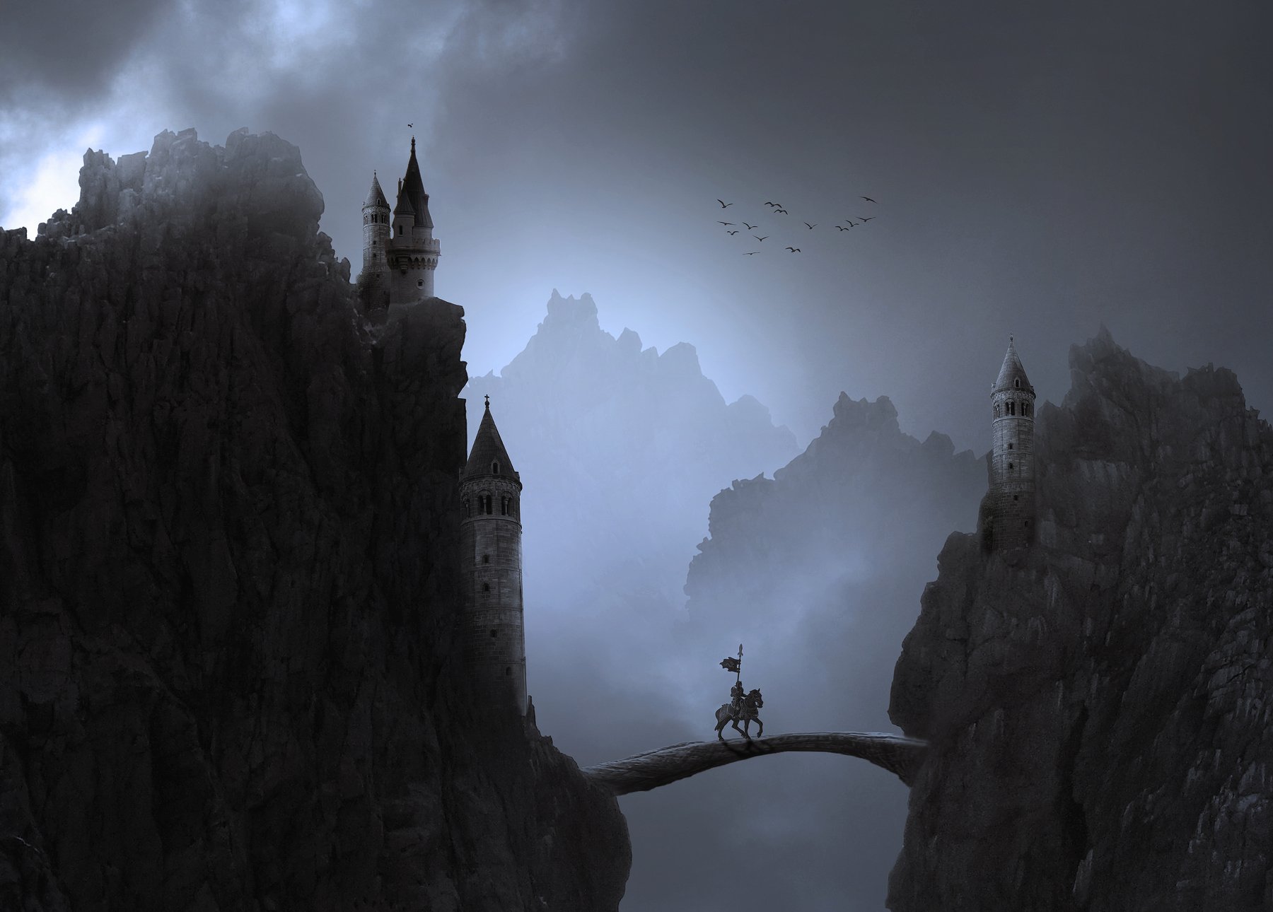 рыцарь, небо, скалы, облака, ночь, Sergii Vidov
