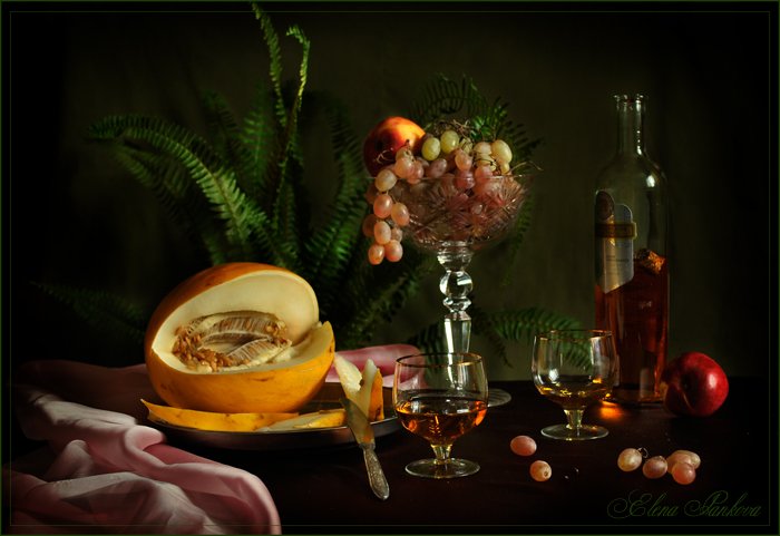 натюрморт, дыня, яблоки, виноград, вино, бокал, Elena Pankova