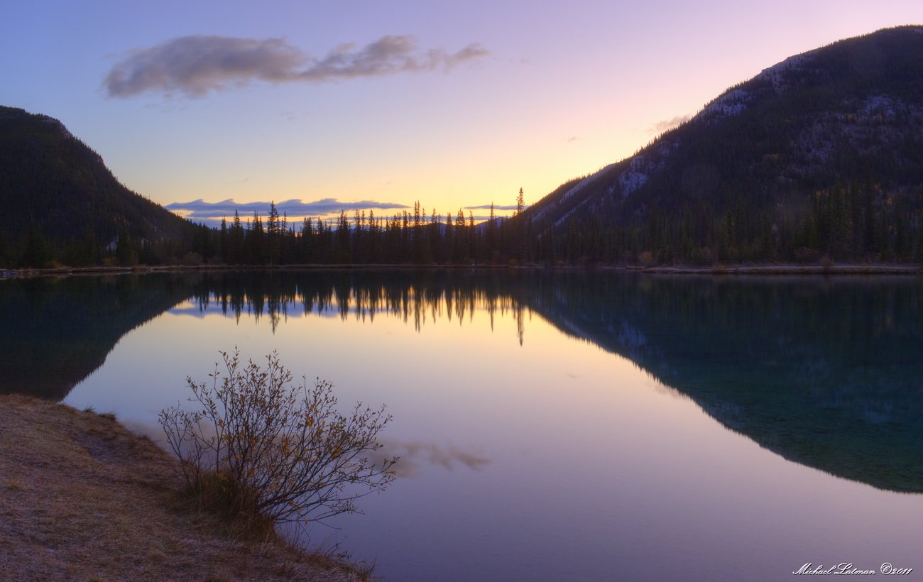 mountains, fall, sunrise, colors, lake, calm, Michael Latman