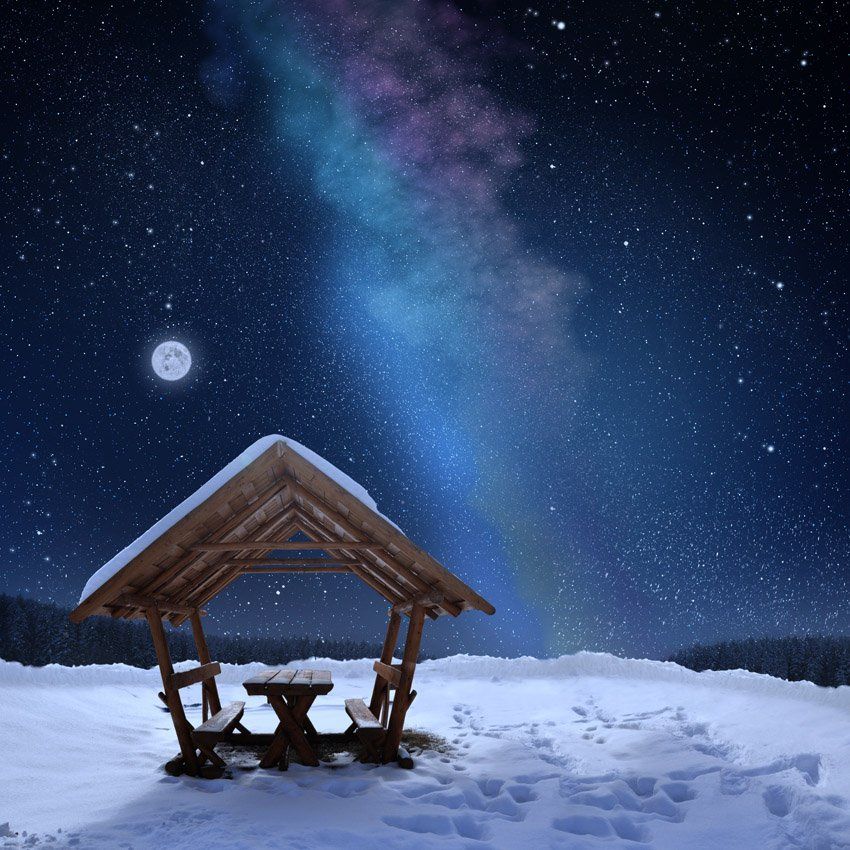 winter, star, milky way, snow, roof, house, tree, forest, moon, Caras Ionut