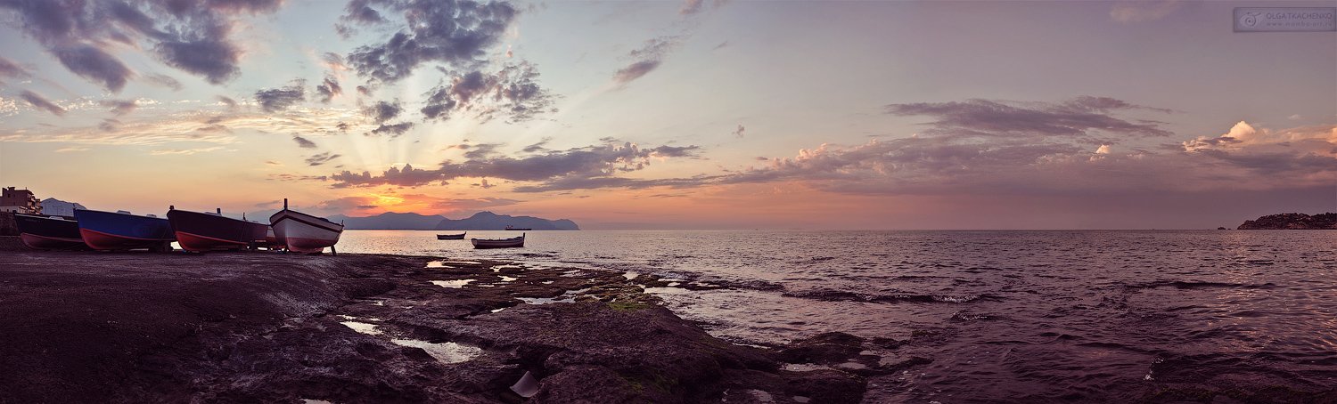 панорама, аспра, сицилия, море, лодки, закат, Olga Tkachenko