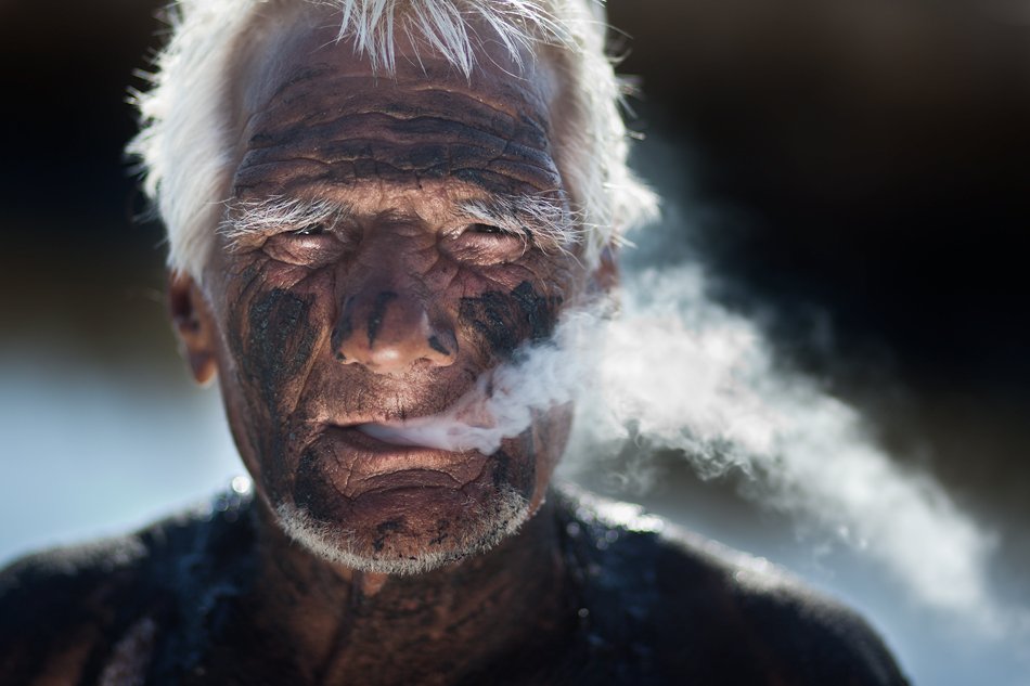 mud bath, smoke, old man, wrinkles, salt mine near sea, Antoni Georgiev