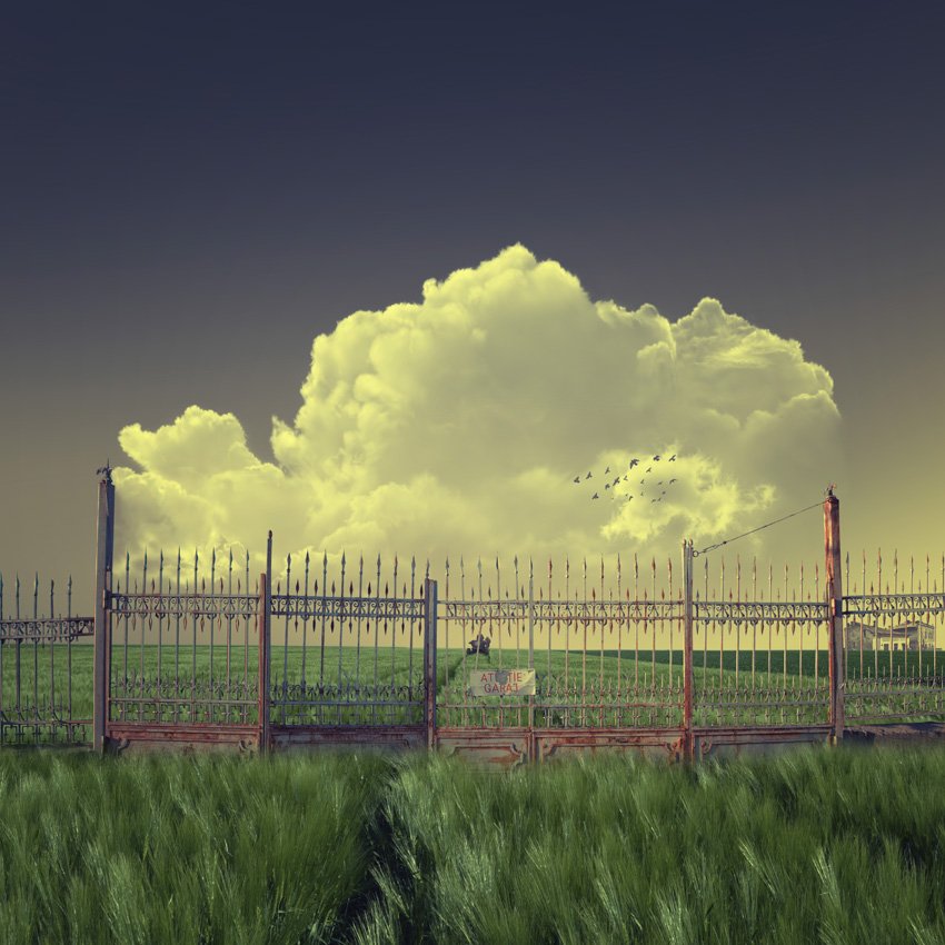 fence, metal, gate, cart, man, horse, farm, wheat, gree, road, track, house, abandoned, isolated, cloud, Caras Ionut