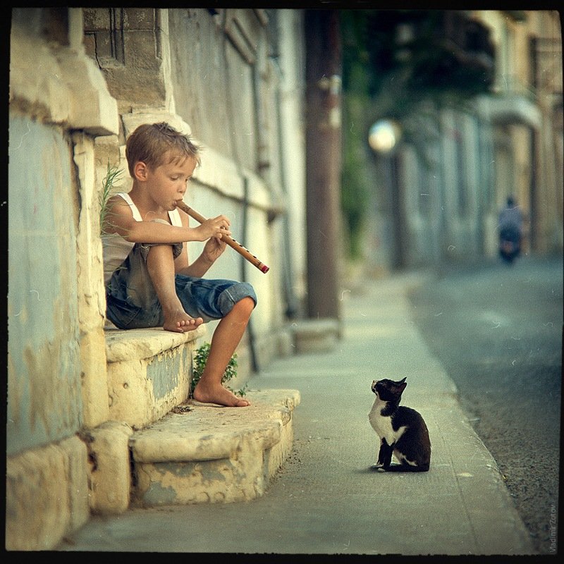мальчик, дудочка, кот, кипр, улица, музыка, мелодия, слушать, играть, Владимир Зотов