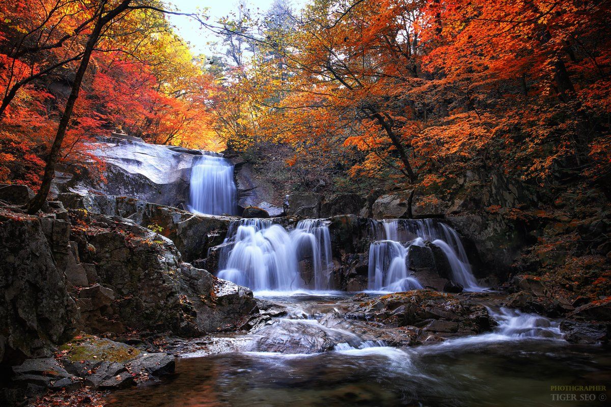 fall autumn water long_exposure tree mountain flow rock landscape Korea, Seo Tiger