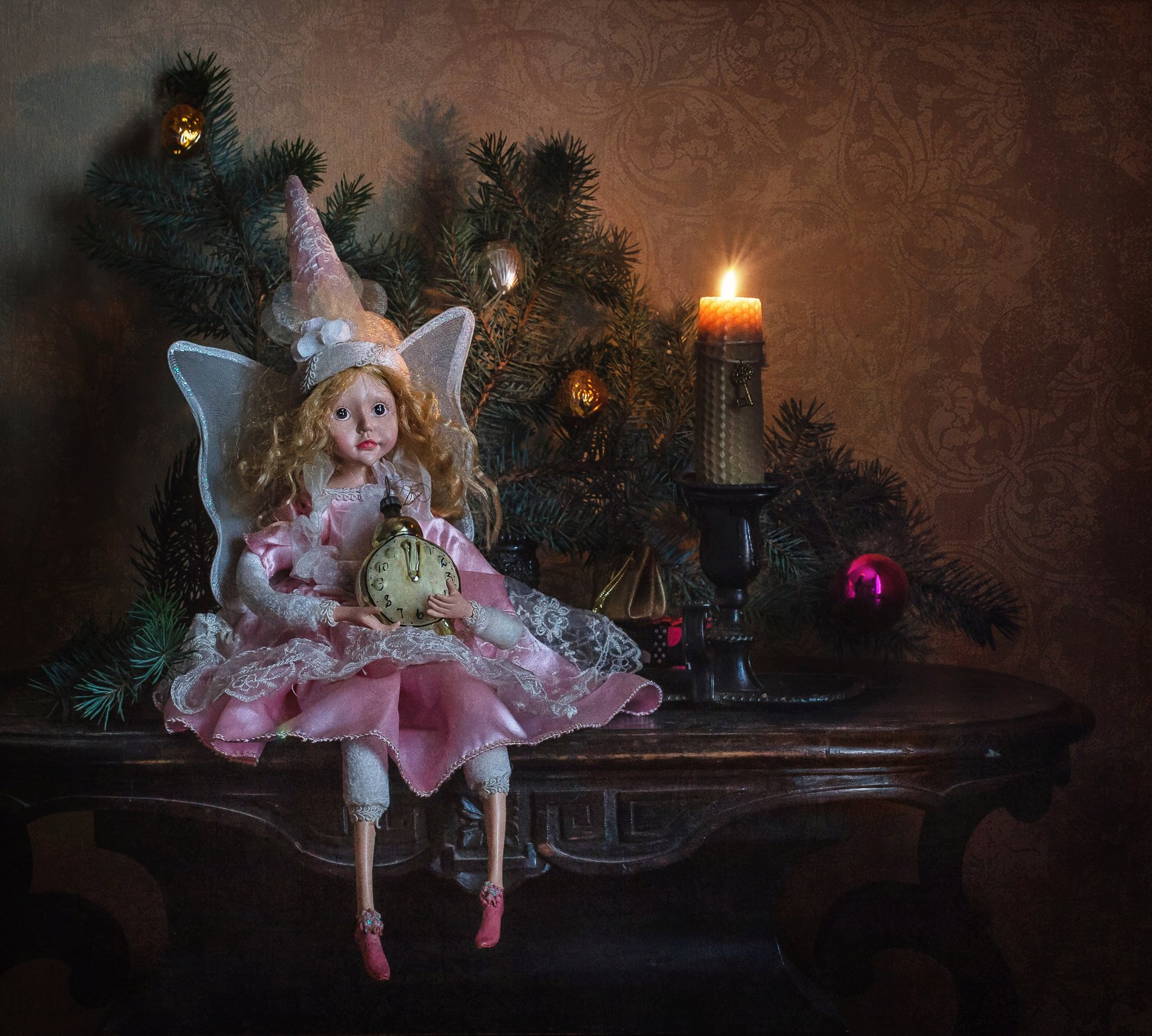 натюрморт, новый год, праздник, ёлка, свеча, стекло, игрушка, кукла, Анна Петина