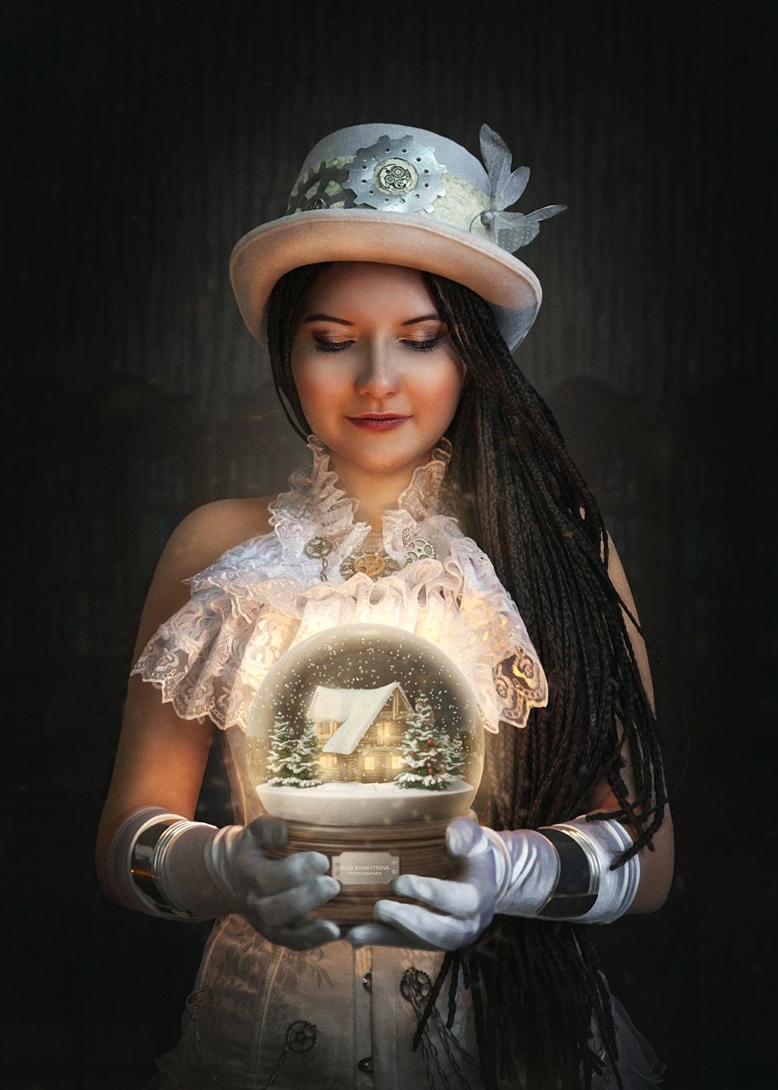 фото в образе, сказка, арт фото, steampunk girl, стимпанк, шляпа, новогодний шар, снежный шар, фотоарт, Ольга Бурмистрова