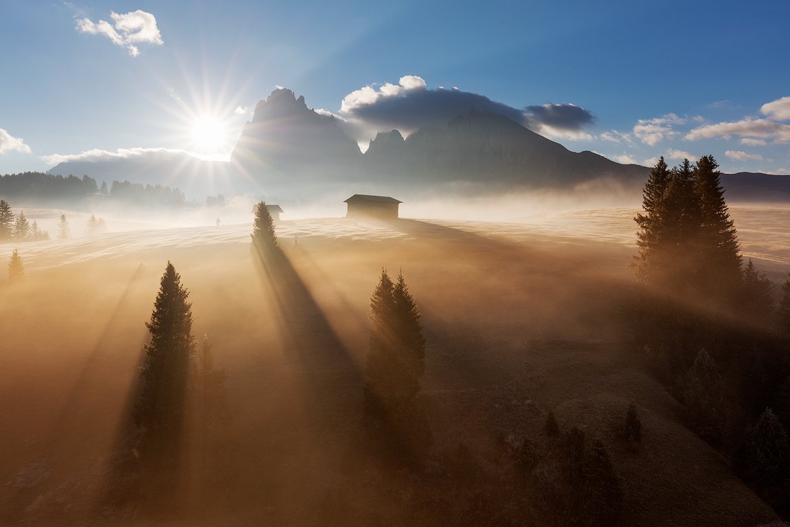 fog, morning, dolomites, peaks, mountains, alps, italy, landscape, mood, atmosphere, sunrise, clouds, trees, sun rays, Martin Rak