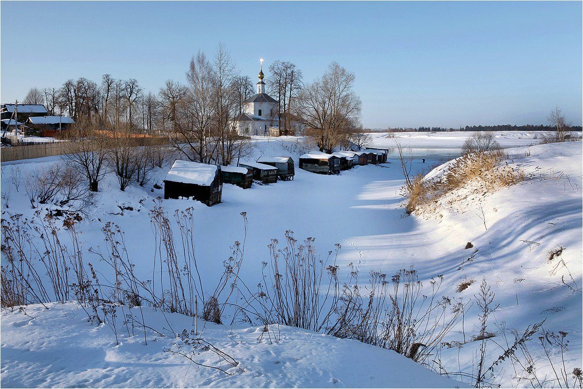 зима, волга, снег, солнце, храм, лодочные сараи,, Victor Pechenev