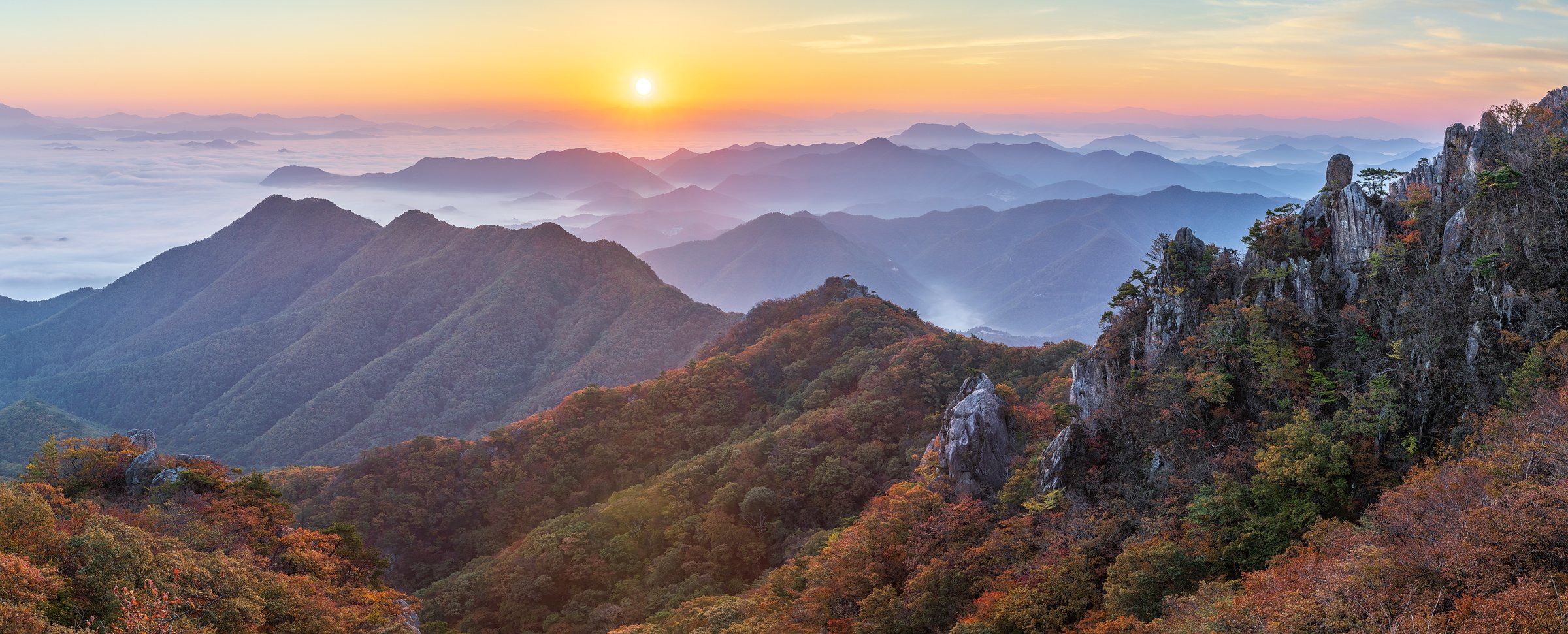 mountains, fall, korea, rock formation, layer, sunrise, Jaeyoun Ryu