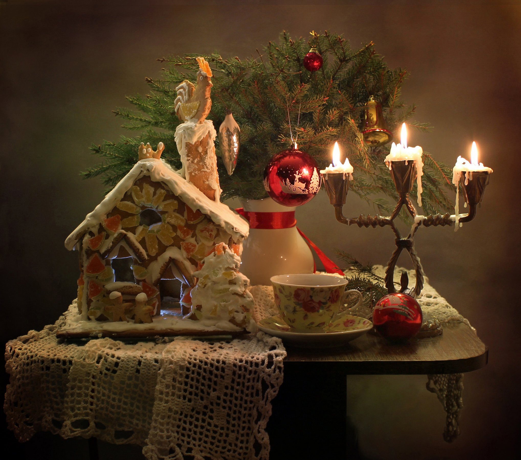 натюрморт, зима, новый год, рождество, свечи, елка, пряничный домик, Ковалева Светлана