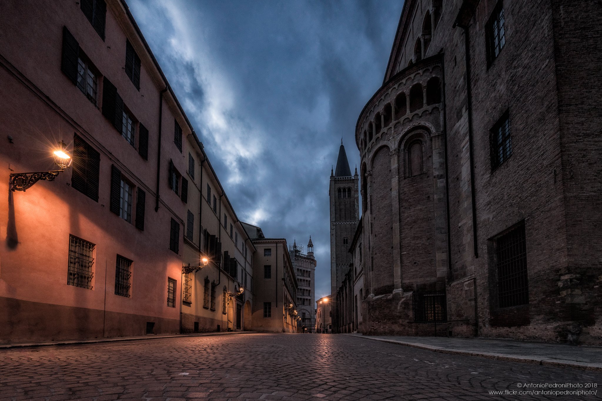 Parma, Italy, city, town, light, street, road, church, cathedral, night, evening, Antonio Pedroni