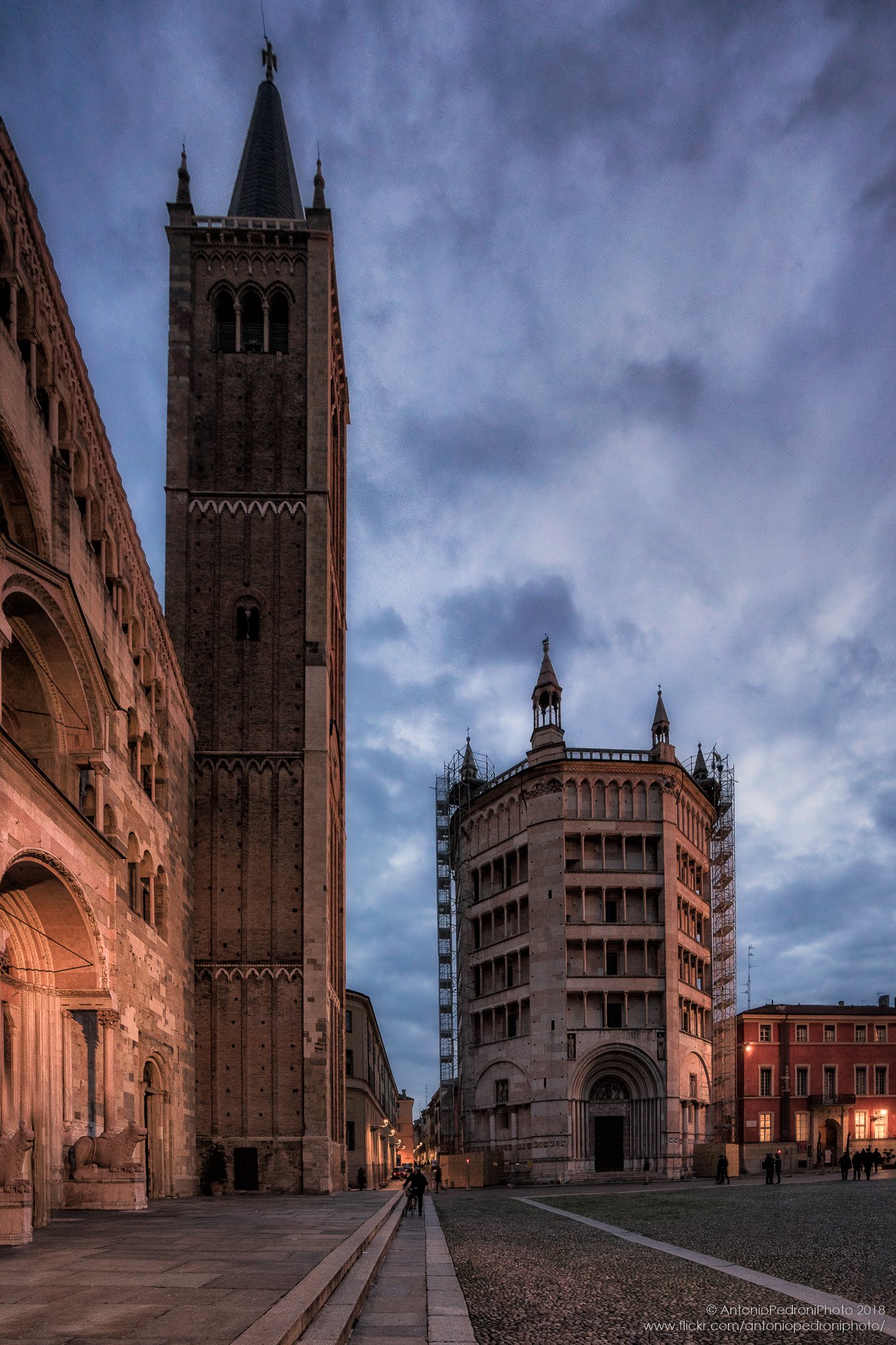 Parma, Italy, city, town, light, street, road, church, cathedral, night, evening, Antonio Pedroni