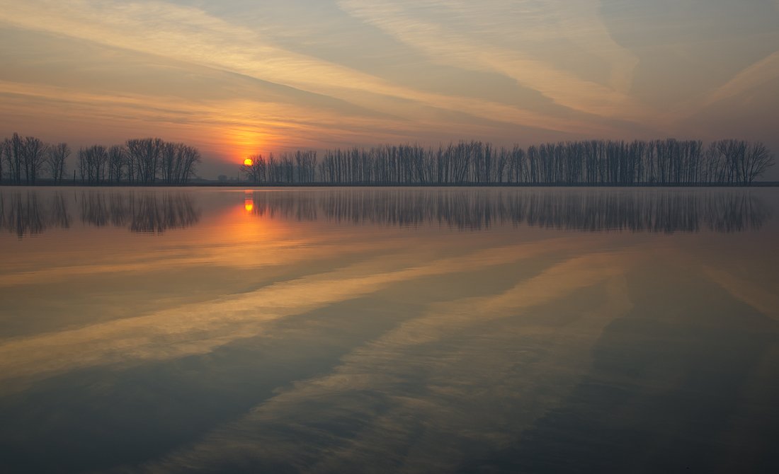 sunrise, lake, tree, myst, Philip Peynerdjiev