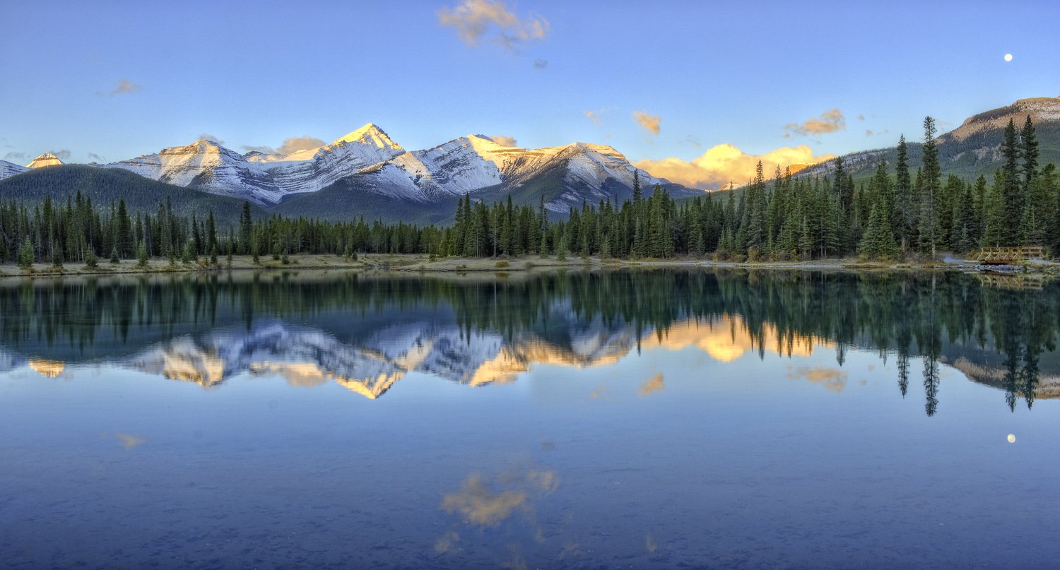 mountains, fall, sunrise, colors, lake, calm, moon, Michael Latman