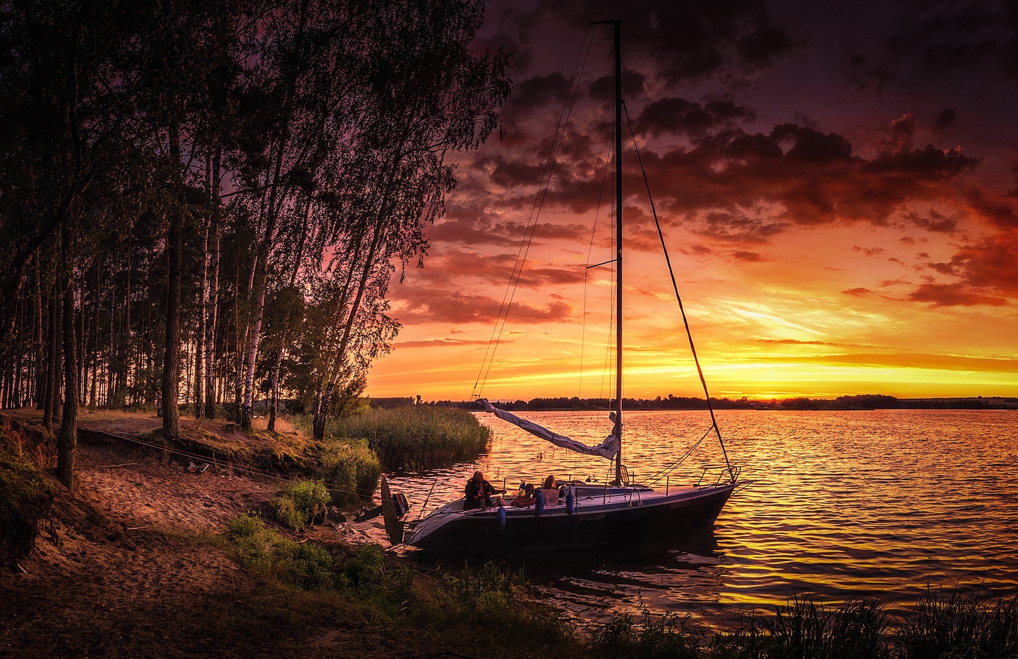 nature, sun, sky, lake, sunset, boat, tree, Pawel Olejniczak