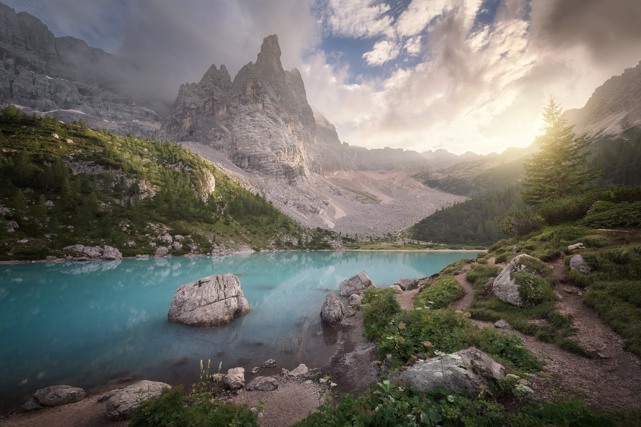 alpine, alps, beautiful, beauty, blue, calm, cyan, dolomites, europe, european, evening, flowers, forest, grass, green, hiking, italia, italian, italy, lago, lake, landscape, mountain, mountains, natural, nature, outdoor, park, peak, pine, reflection, roc, Andrey Omelyanchuk