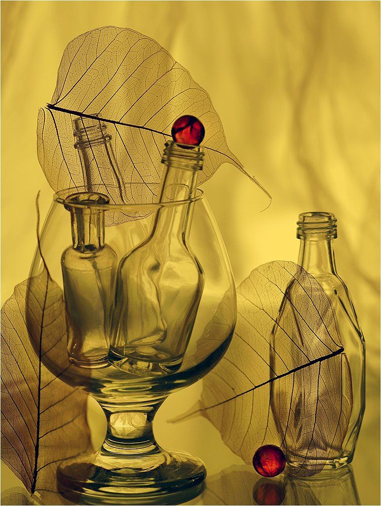 бокал, лист, листья, бутылки, натюрморт,, Victor Pechenev