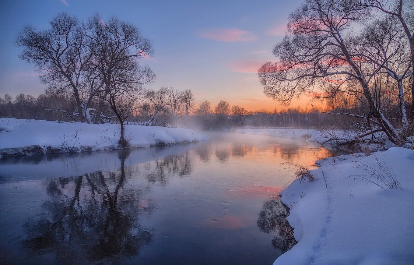 вечер, закат, зима, река, туман, Виктор Климкин