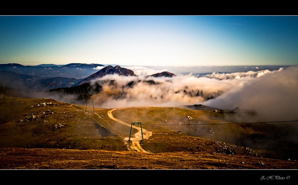 mountain, valley, fog, skyline, cable, car, velika, planina, slovenia, Zdravko