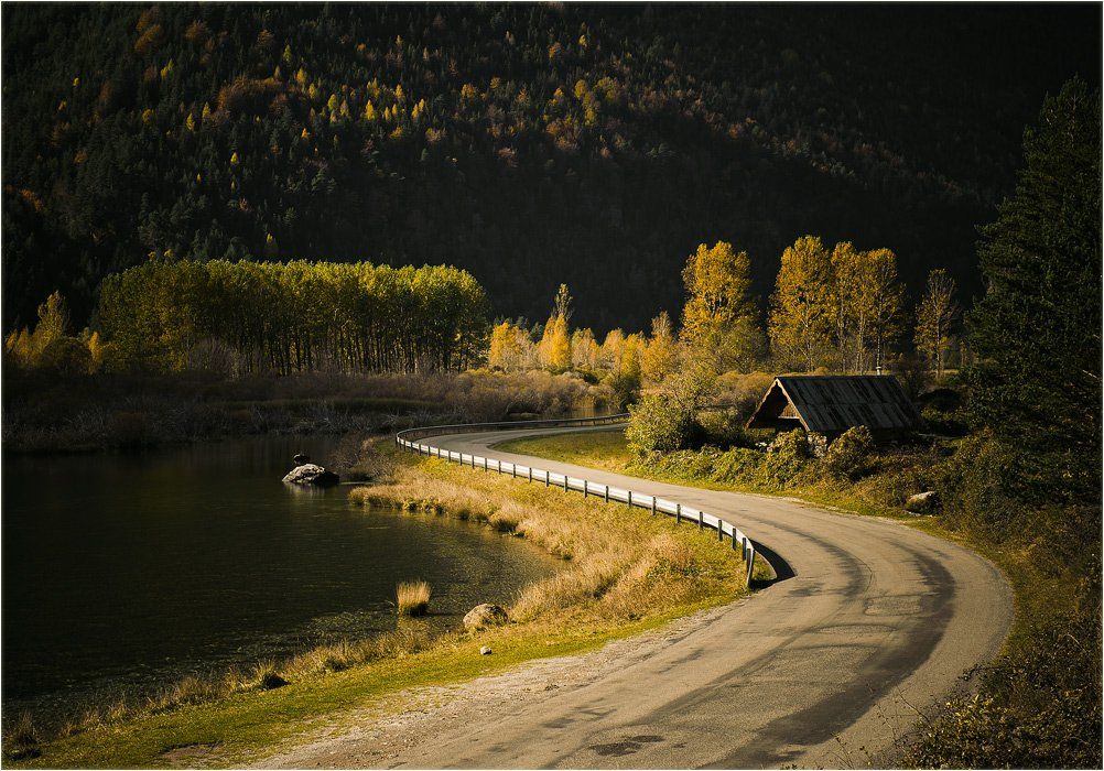 valle de pineta, арагон, Вода, Дом, дорога, испания, Озеро, осень, Пейзаж, пиренеи, Природа, Александр Константинов