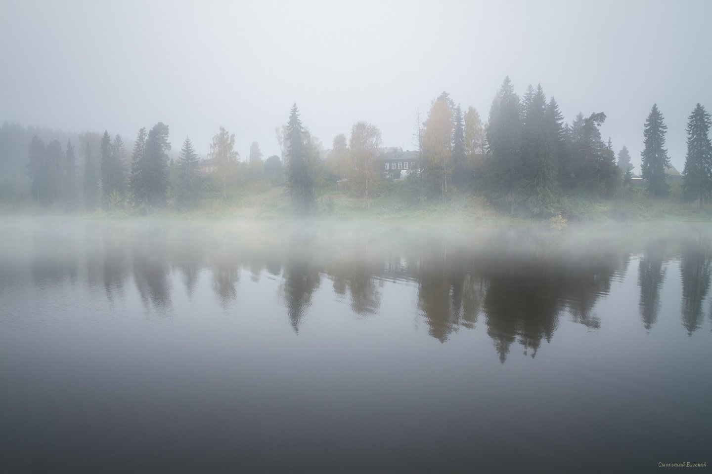 туман, утро, пруд, озеро, осень, пасмурно, Смольский Евгений