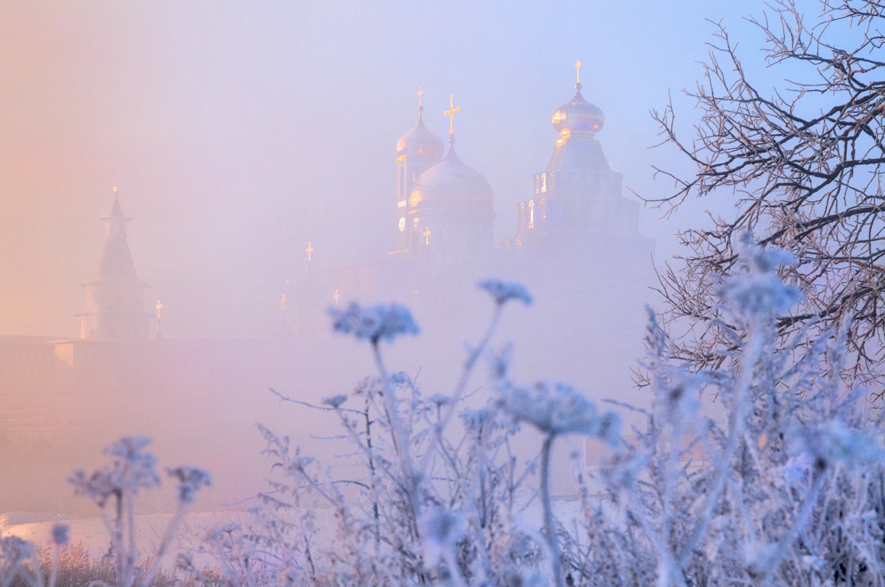 утро, зима, туман, истра, новоиерусалимский монастырь, храм, солнце, рассвет, Виктор Климкин
