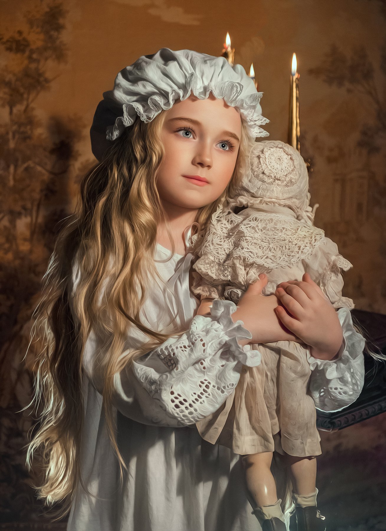 девочка с игрушкой кукла историческое платье 19 век ночнушка сказки на ночь, Софья Ознобихина