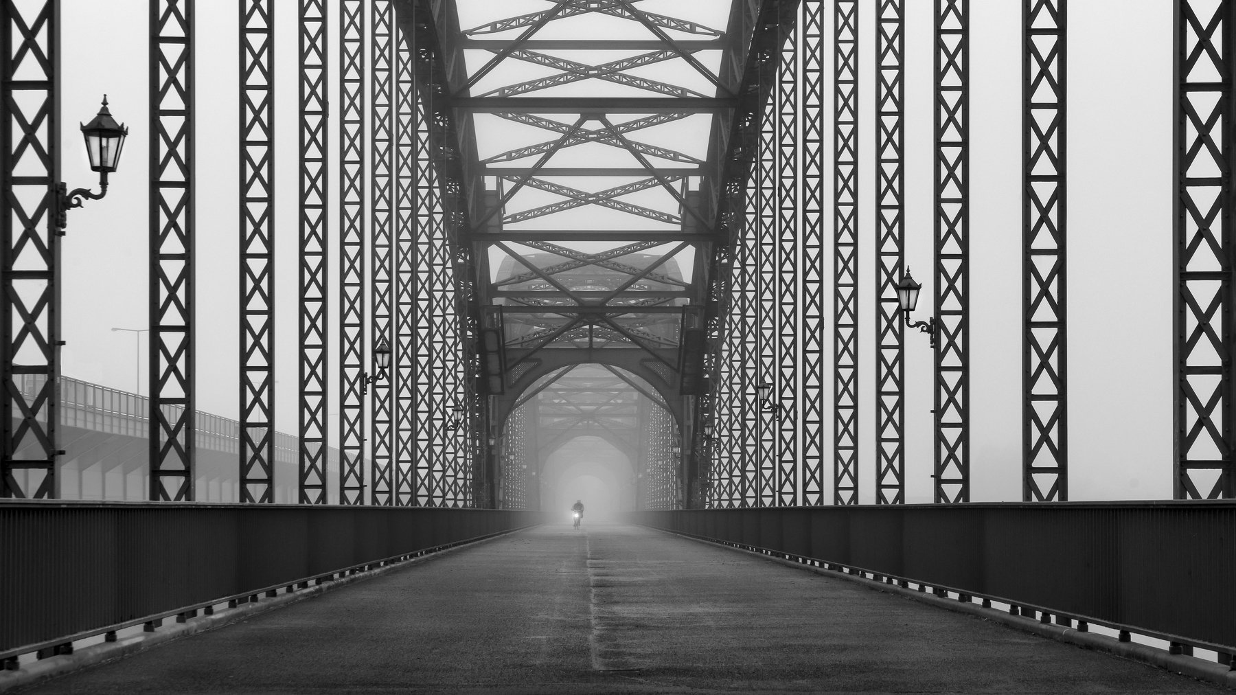 bridge, bw, urban, street, cyclist, fog mist, haze. way, road, Alexander Schönberg