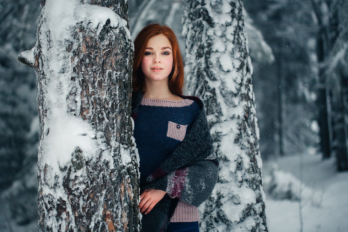рыжая, девушка, зима, снег, природа, лес, фотосессия, портрет, Евгений Толкачёв