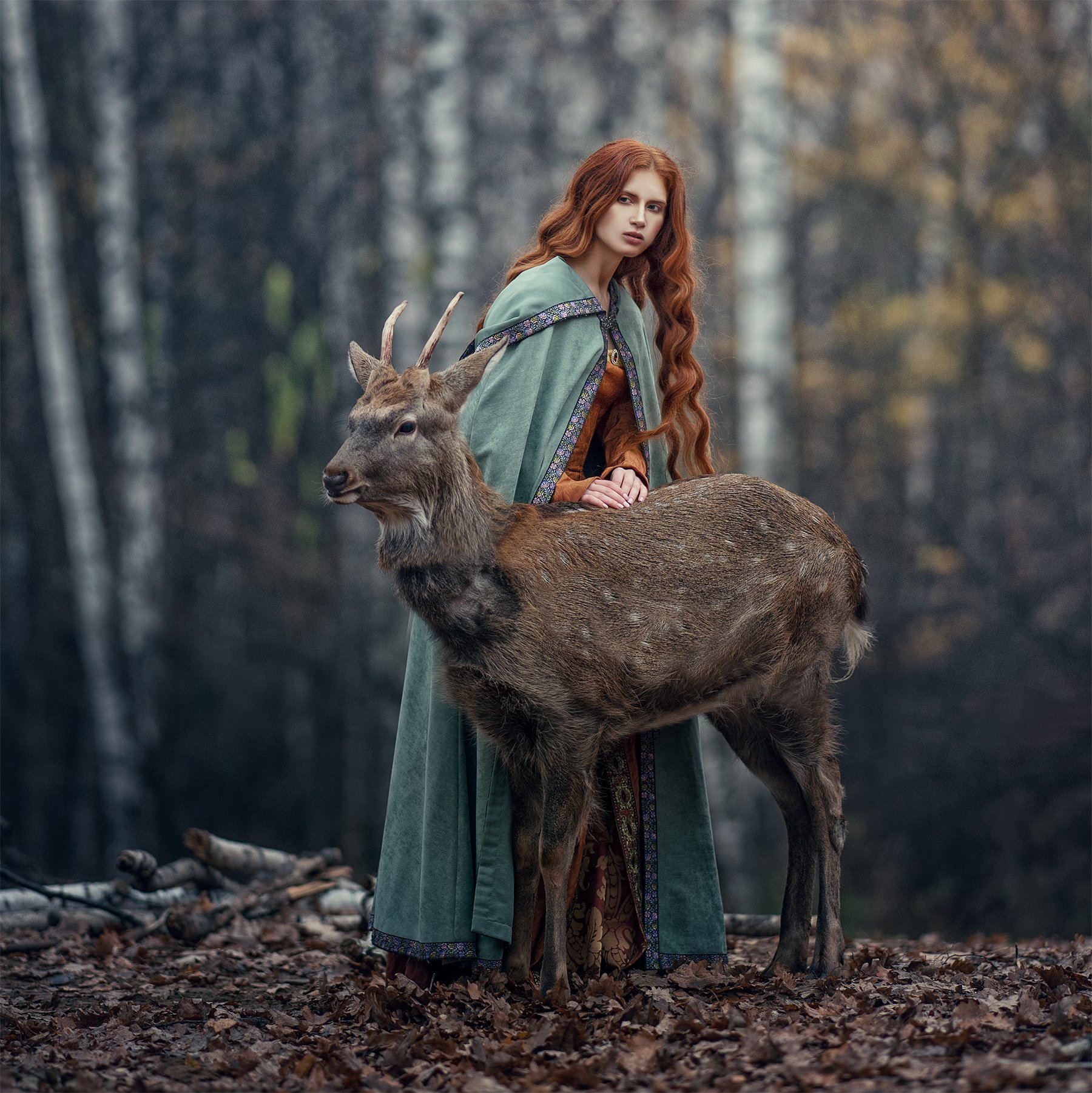 модель, олень, осень, природа, красота, рыжие волосы, red hairs, deer, Juliana Bevz
