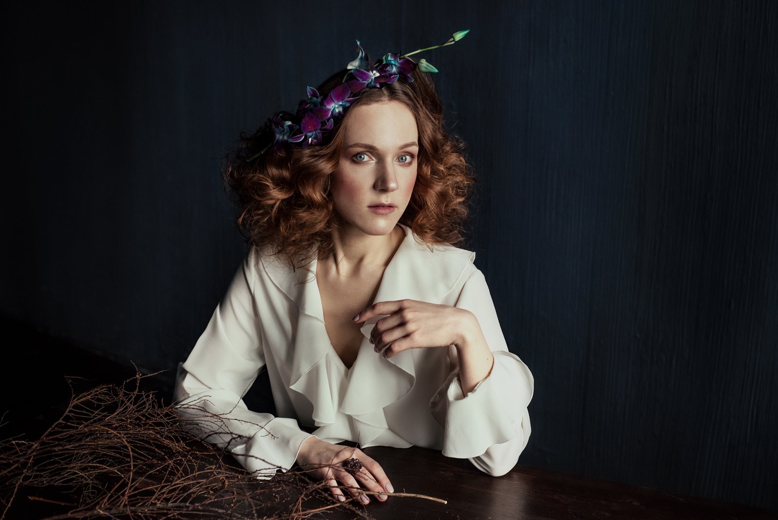 flowers, orchid, portrait, redhair, table, painting, vintage, branches, Olesya Kulida