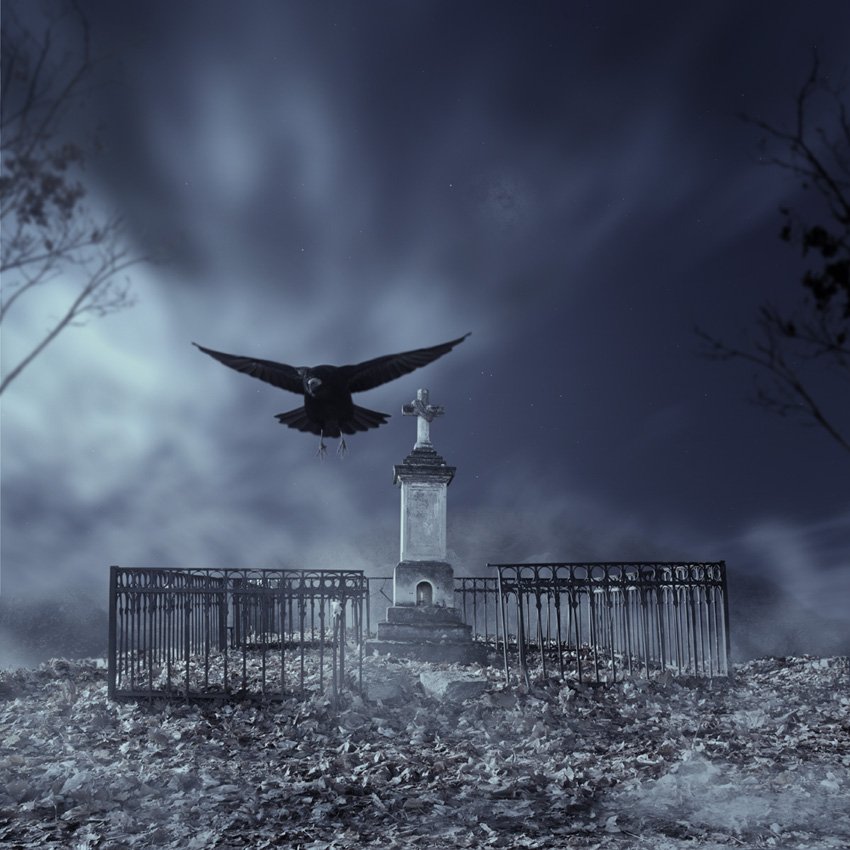crow, mounting, moon, fly, leaf, tree, sky, shinning, cementery, statue, crosss, Caras Ionut