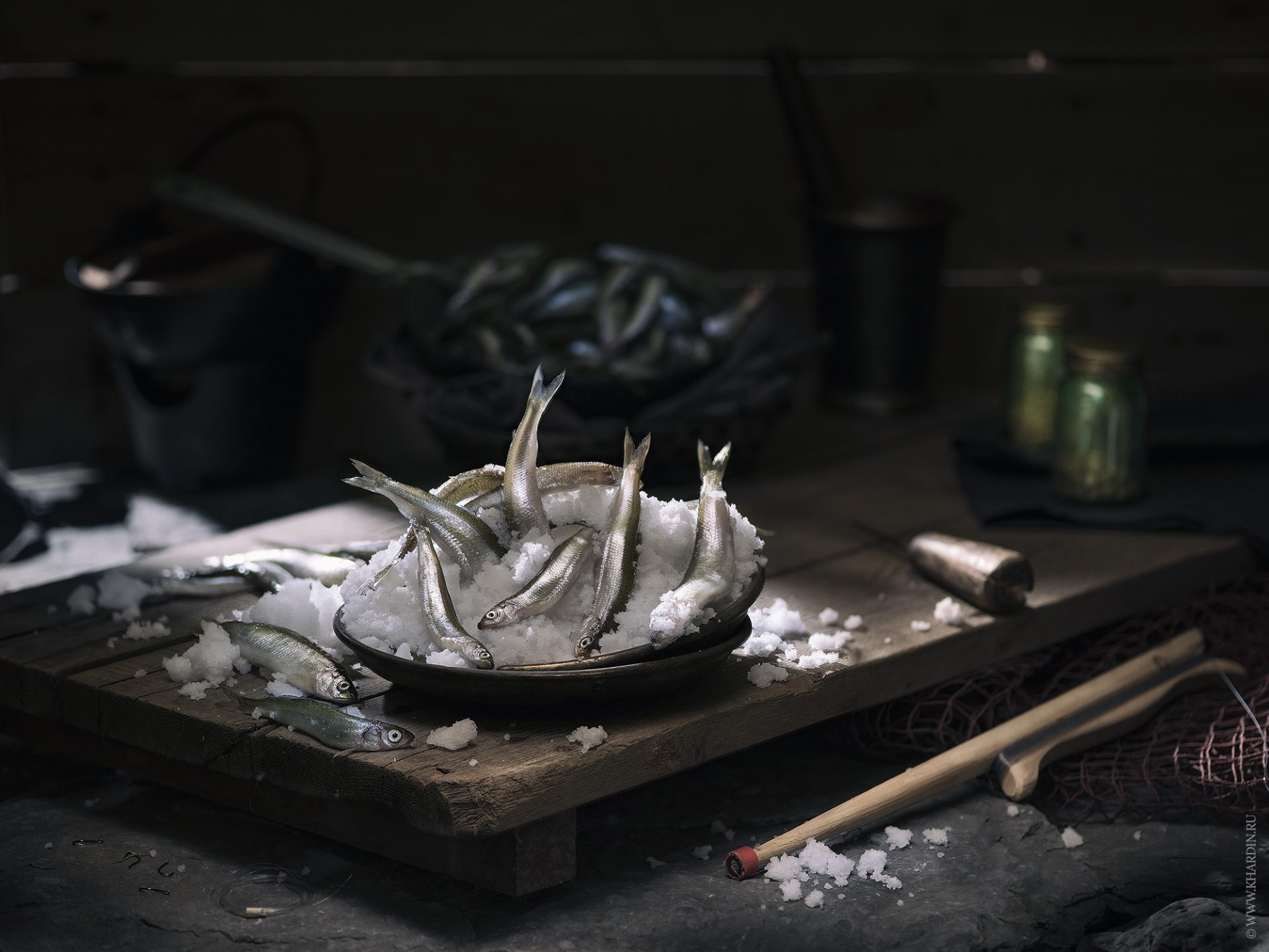 smelt, fish, stillife, noir, rustic, Alexander Khardin