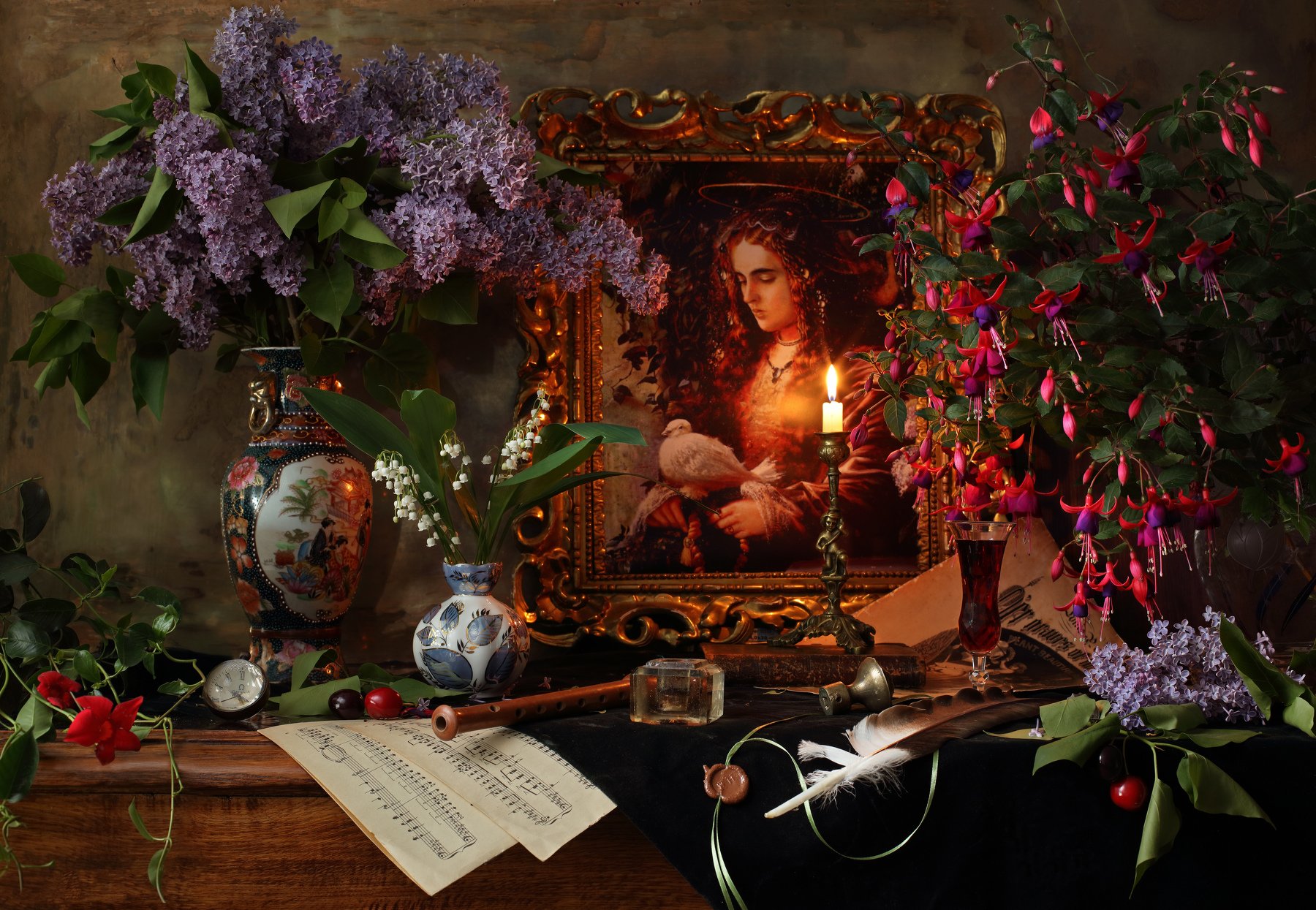 цветы, картина, живопись, девушка, сирень, музыка, свеча, свет, Андрей Морозов