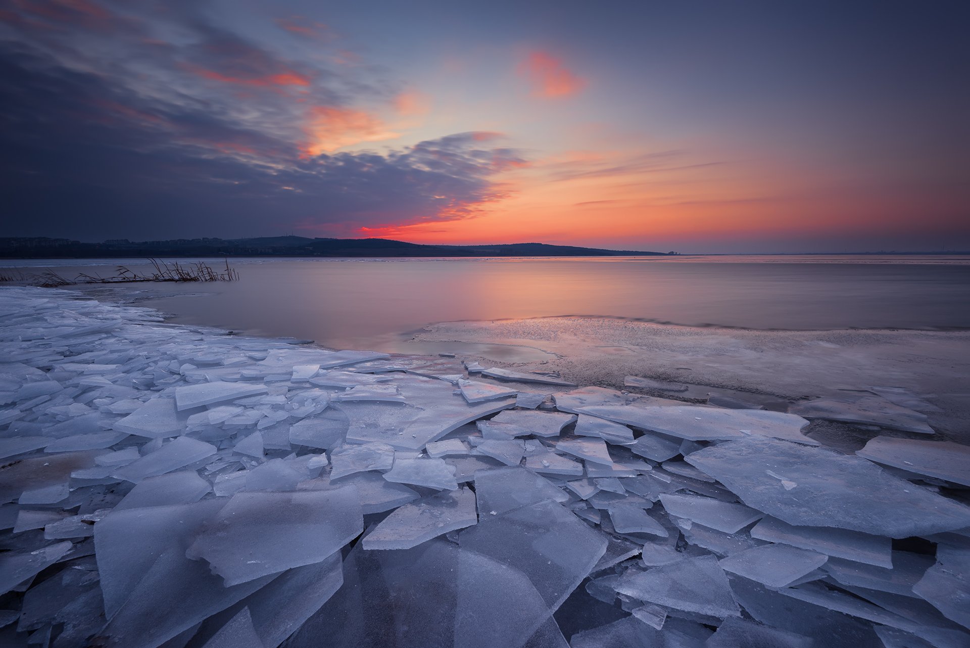 lake, frozen, winter, landscape, sky, sunset, Надя Джевелекова