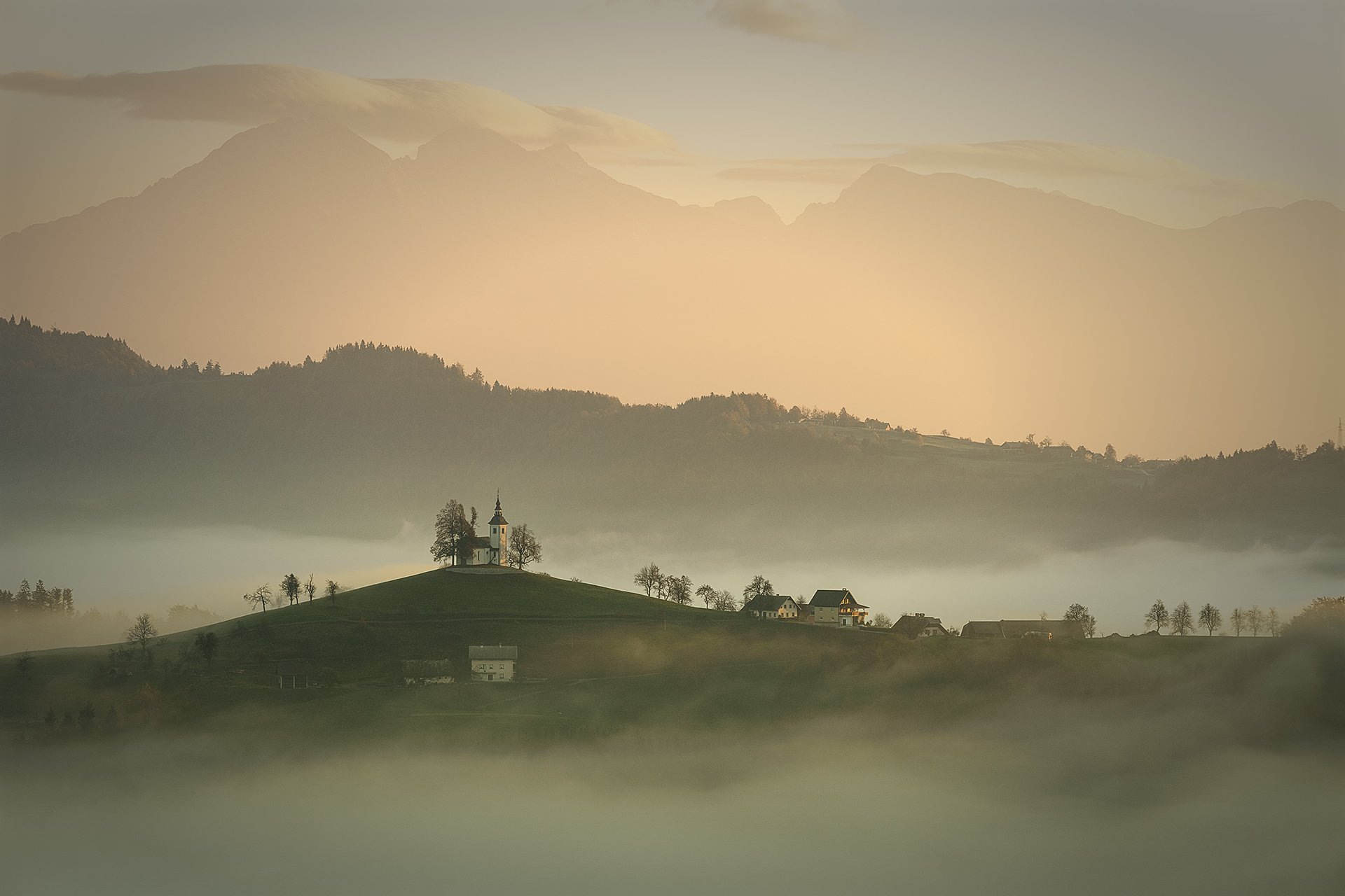 morning, sunrise, slovenia, landscape, church, st.tomas, Olga  Wolkova
