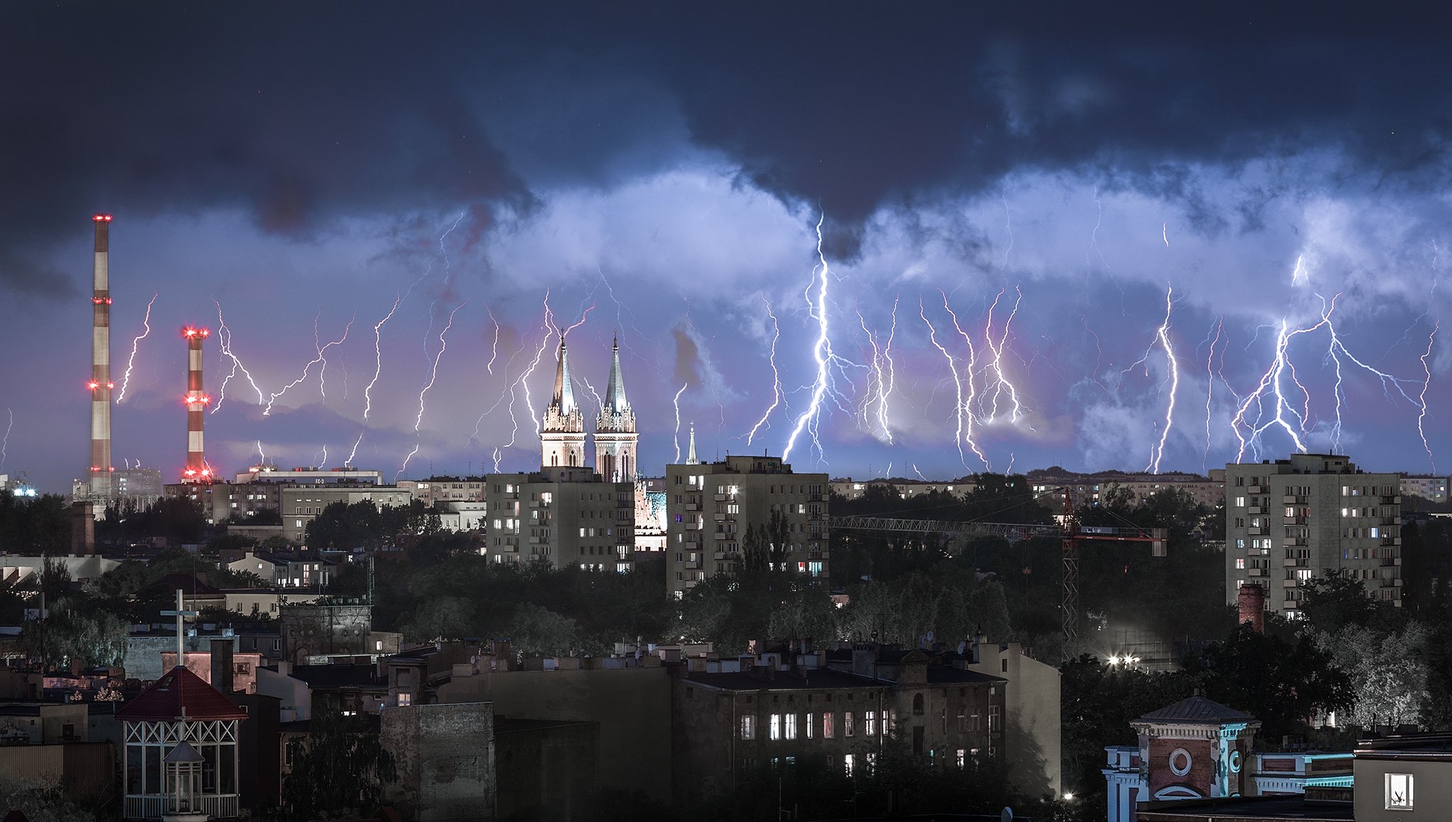 storm, city, lodz, night, light, poland, architecture, landscape, Pawel Olejniczak