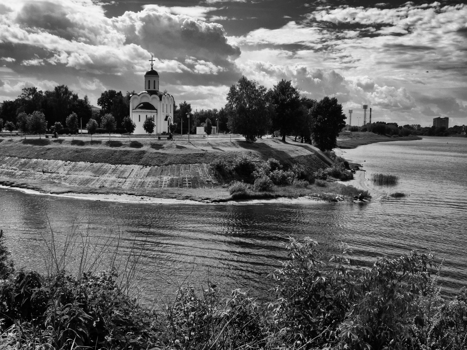 Black and white, Monochrome, Landscape, River, Church, Intensity, Tver, Russia, City, Elena Beregatnova