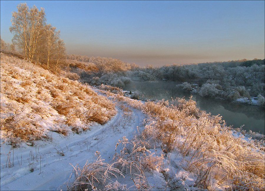 зима, снег, дорога, река, Ann Miller