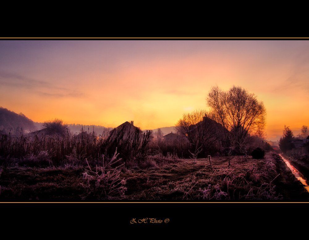 sunrise, early, morning, dawn, houses, trees, skyline, orange, pink, Zdravko