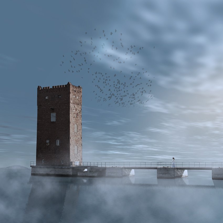 tower, lake, water, mist, fog, muse, girl, Caras Ionut