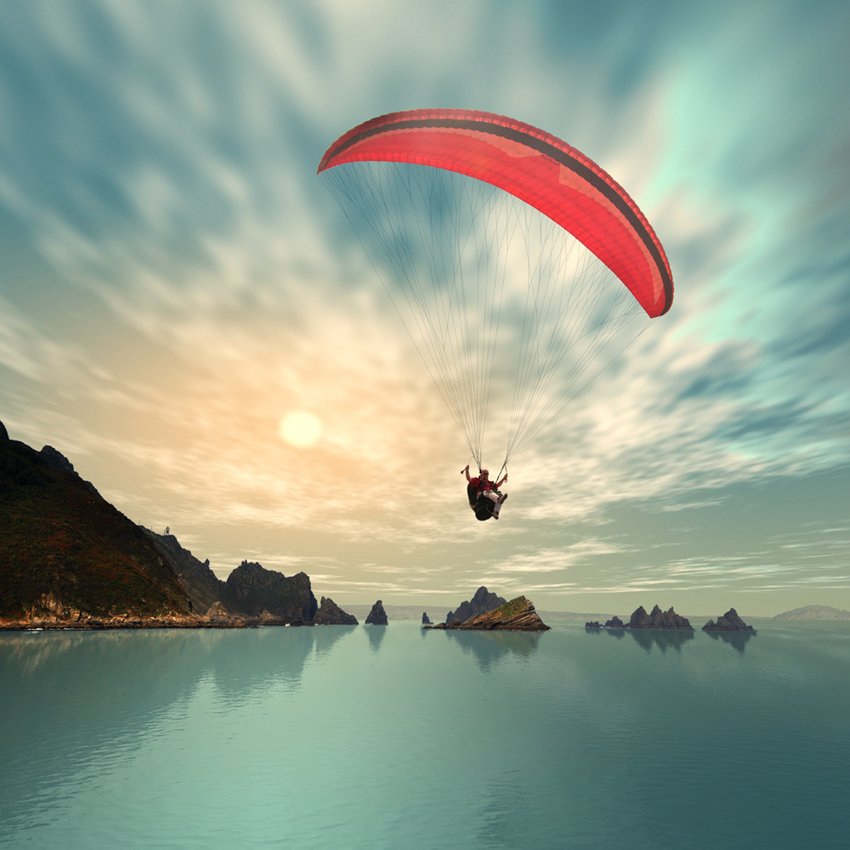 paragling, fly, sky, clouds, extreme, rock, cliff, water, spain, carinio, reflection, sun, colorful, Caras Ionut