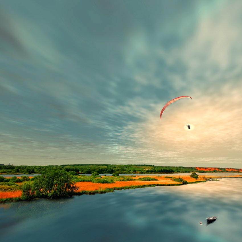 paragling, fly, sky, clouds, extreme, rock, cliff, water, spain, carinio, reflection, sun, colorful, boat, Caras Ionut