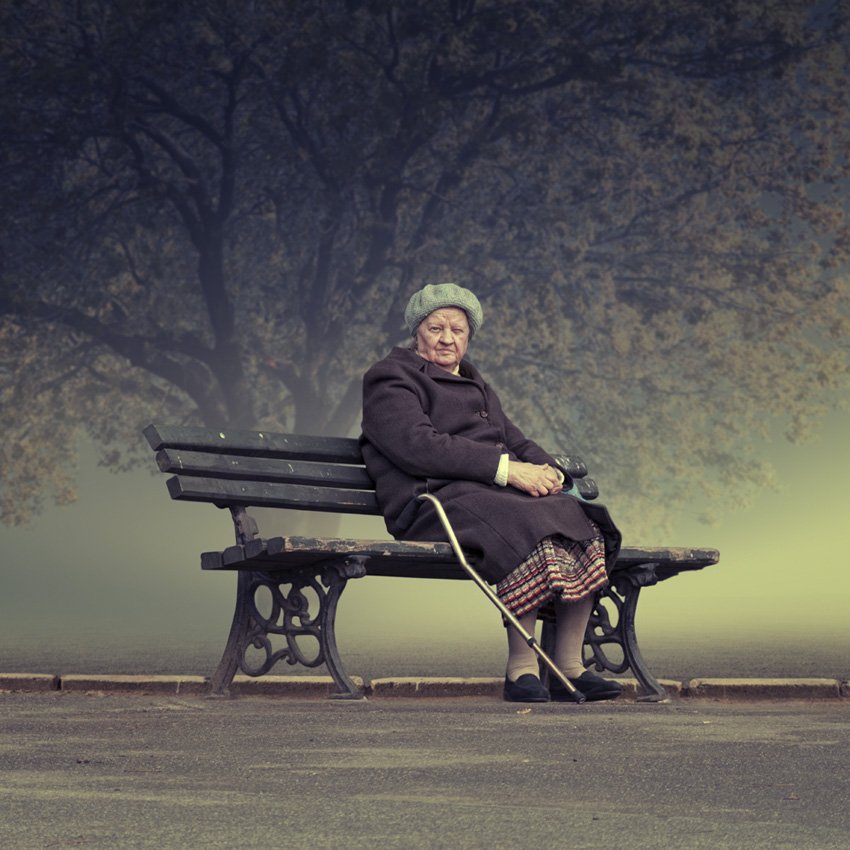 old, woman, tree, bench, mist, mystery, alone, sky, loght, Caras Ionut